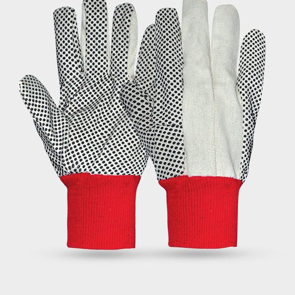 WHITE COTTON GLOVES WITH BLACK PVC DOTS RED CUFF WRIST